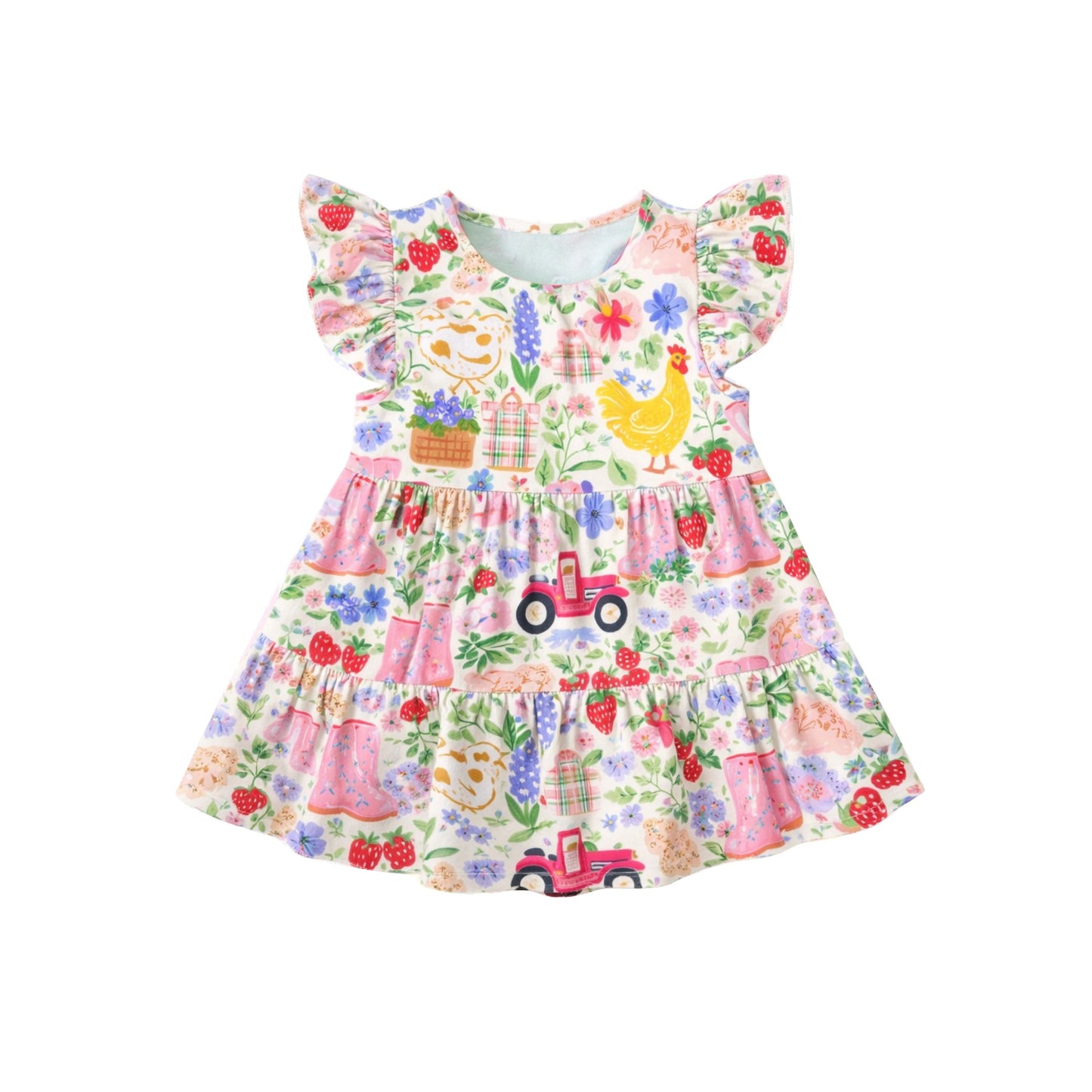 preorder GSD3574 Farm Chick Flowers Flutter Sleeve Girls Dress
