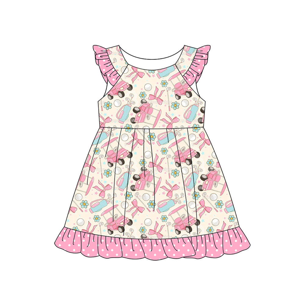preorder GSD3598 Golf Car Bows Pink Flutter Sleeve Girls Dress