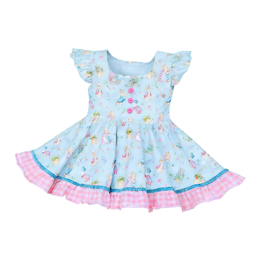preorder GSD3600 Easter Rabbit Blue Flutter Sleeve Girls Dress