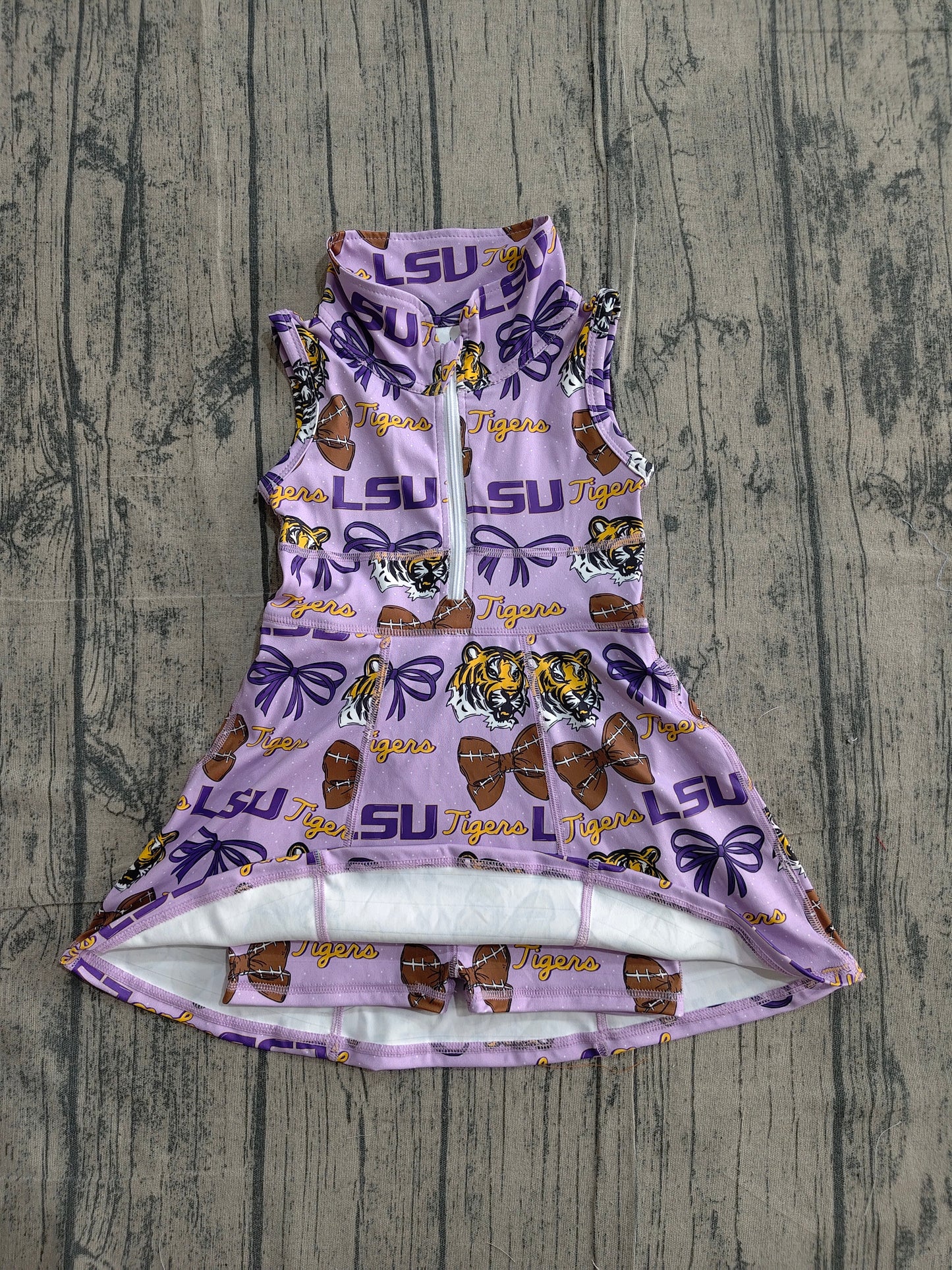 preorder GSD3604 Football Team Bows Tiger Purple Zipper Sleeveless Skorts Girls Dress