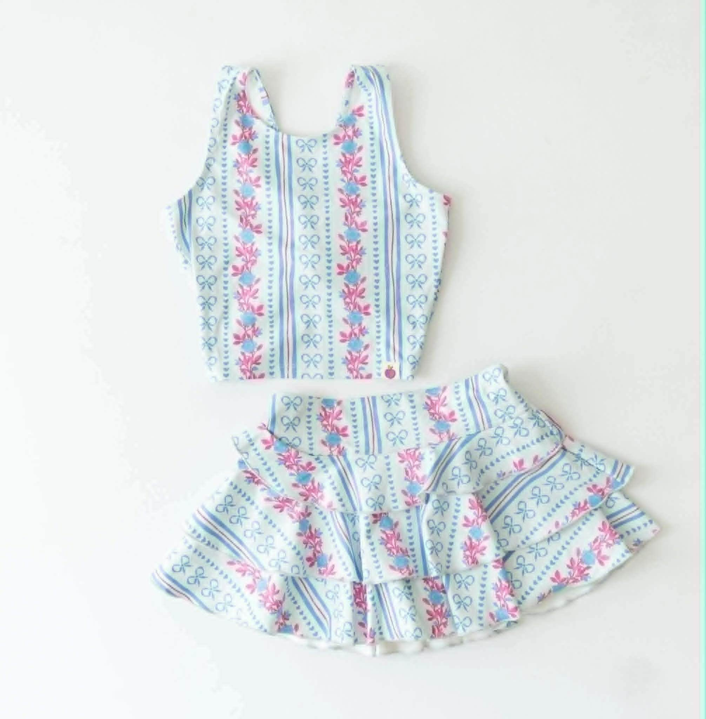 preorder GSD3642 Yoga Blue Flowers Bows Sleeveless Skorts Girls Set