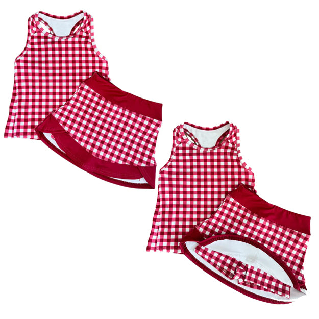 preorder GSD3650 Yoga Red Checkered Sleeveless Skorts Girls Set