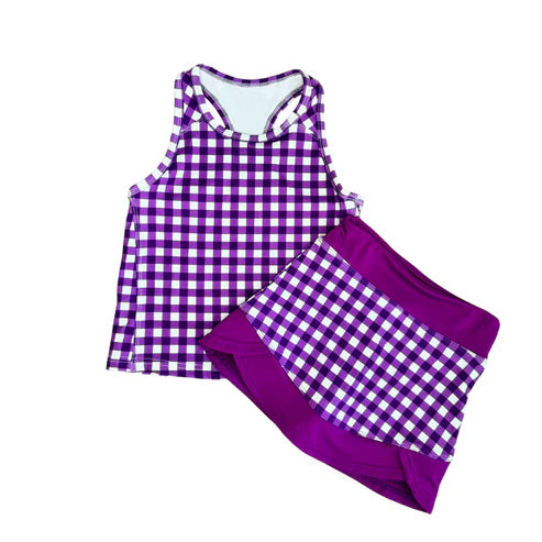 preorder GSD3651 Yoga Purple Checkered Sleeveless Skorts Girls Set