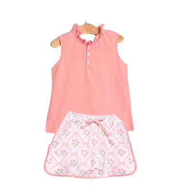 preorder GSD3677 Pink Sleeveless Flowers Bows Skorts Girls Set