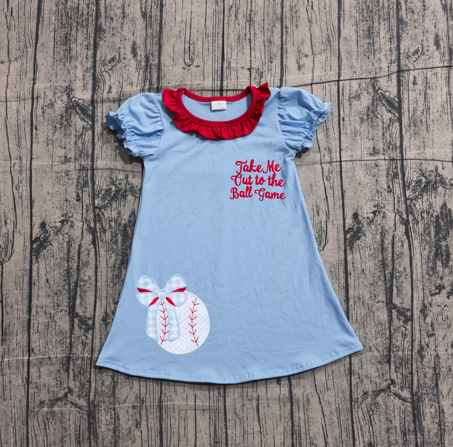 preorder Samples GSD3685 Baseball Bow Blue Short Sleeve Girls Dress