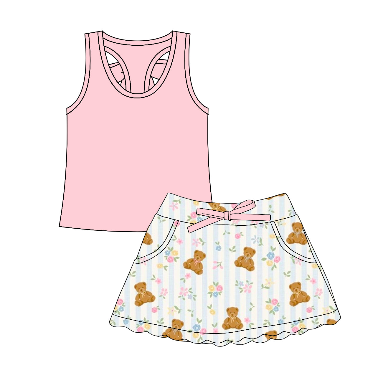 preorder GSD3764 Pink Sleeveless Bear Skorts Girls Set