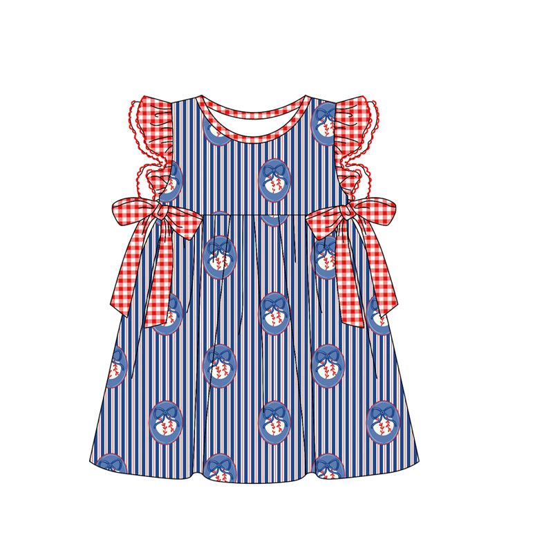 preorder GSD3782 July 4th Baseball Bows Blue Flutter Sleeve Girls Dress