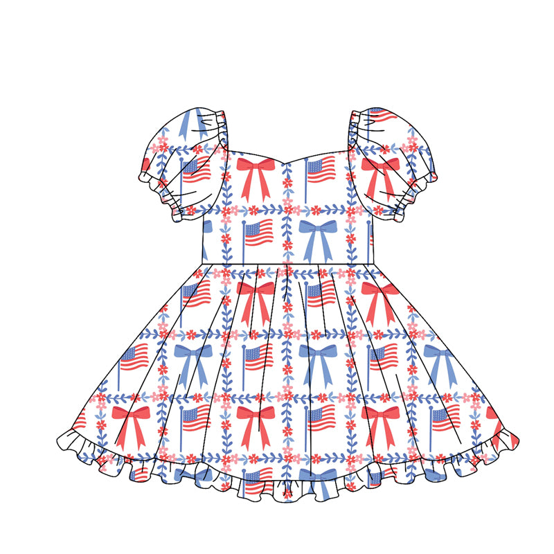 preorder GSD3793 July 4th Flag Bows Short Sleeve Girls Dress