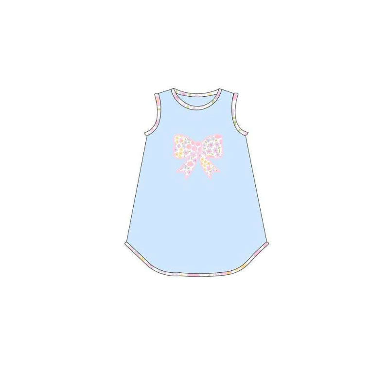 preorder GSD3803 Flowers Bows Blue Sleeveless Girls Dress