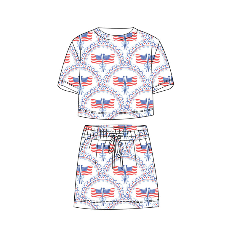 preorder GSD3818 July 4th Flag Pink Short Sleeve Shorts Girls Set