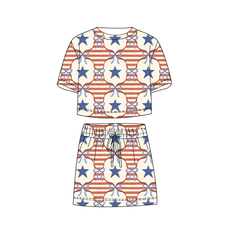 preorder GSD3820 July 4th Star Bows Red Striped Short Sleeve Shorts Girls Set