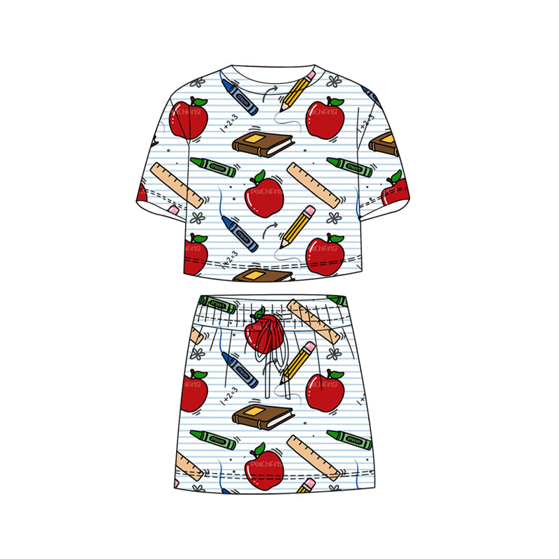 preorder GSD3823 Back To School Apple Pen Short Sleeve Shorts Girls Set