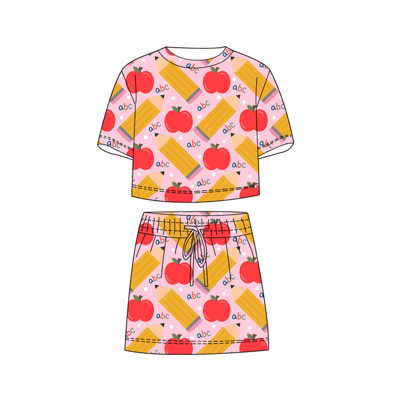preorder GSD3824 Back To School Apple Pen Short Sleeve Shorts Girls Set