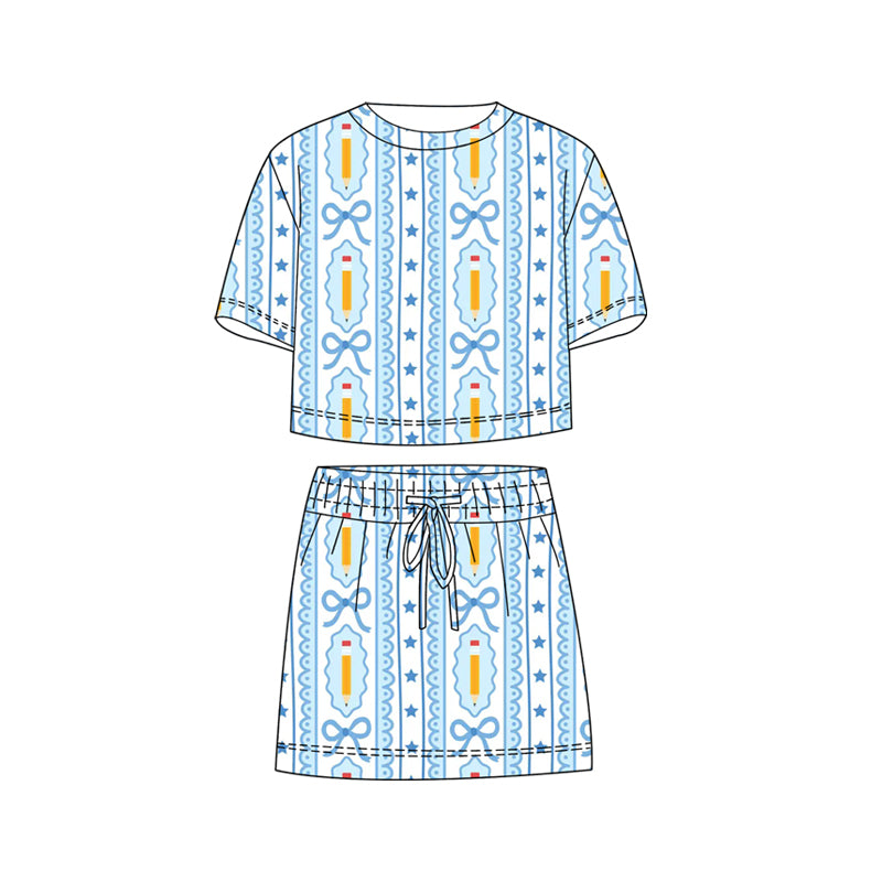 preorder GSD3825 Back To School Bows Pen Short Sleeve Shorts Girls Set