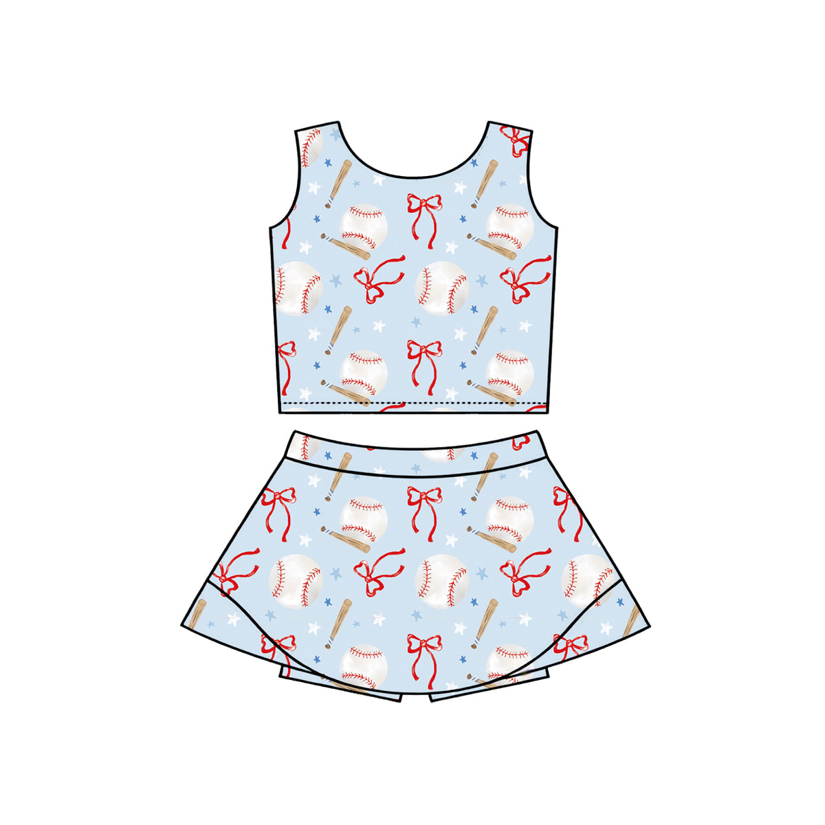 preorder GSD3805 Yoga Baseball Bows Blue Sleeveless Skorts Girls Set