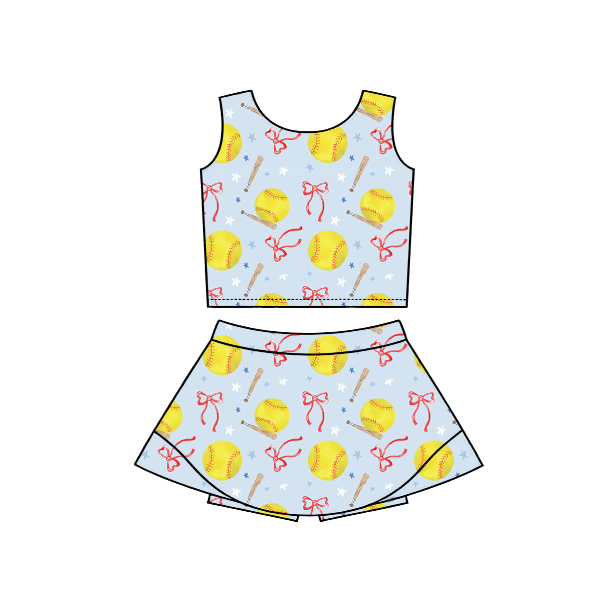 preorder GSD3836 Yoga Softball Bows Blue Sleeveless Skorts Girls Set