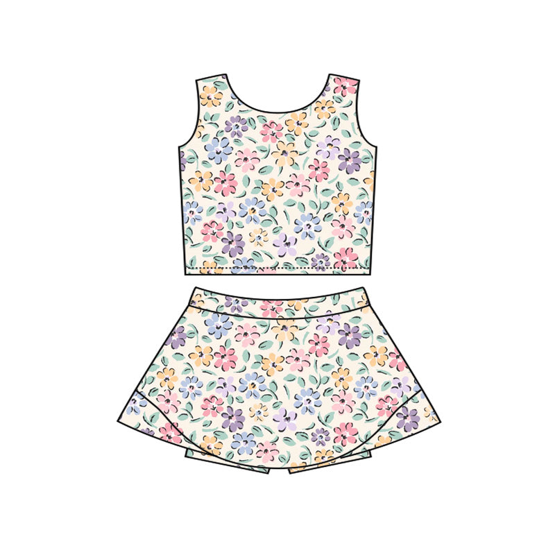 preorder GSD3808 Yoga Colorful Flowers Pink Sleeveless Skorts Girls Set