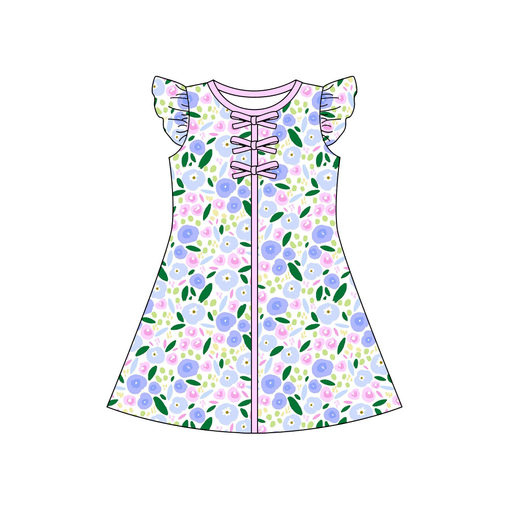 preorder GSD3854 Blue Bows Flowers Flutter Sleeve Girls Dress