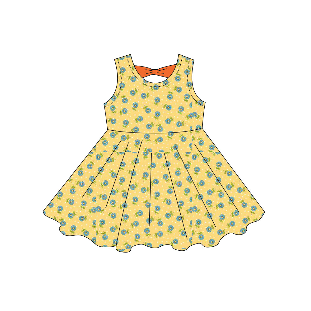 preorder GSD3859 Blue Flowers Yellow Sleeveless Girls Dress