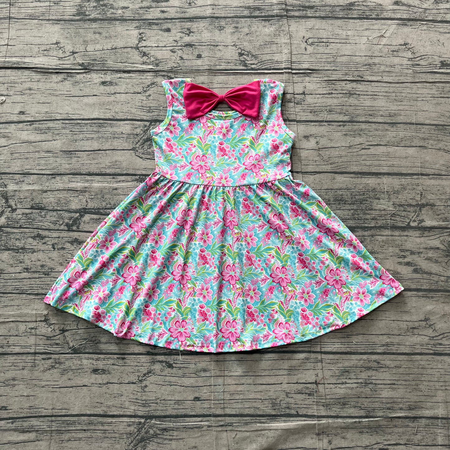 preorder Samples GSD3863 Hot Pink Flowers Blue Sleeveless Girls Dress