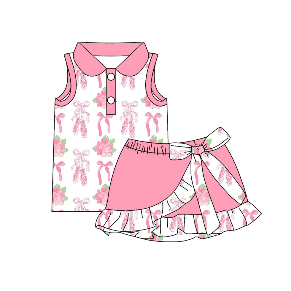 preorder GSD3884 Pink Bows Flowers Sleeveless Skorts Girls Set