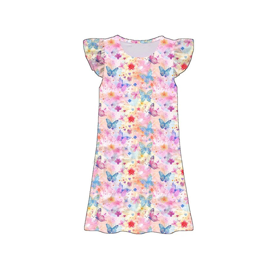 preorder GSD3894 Colorful Butterfly Pink Flutter Sleeve Girls Dress
