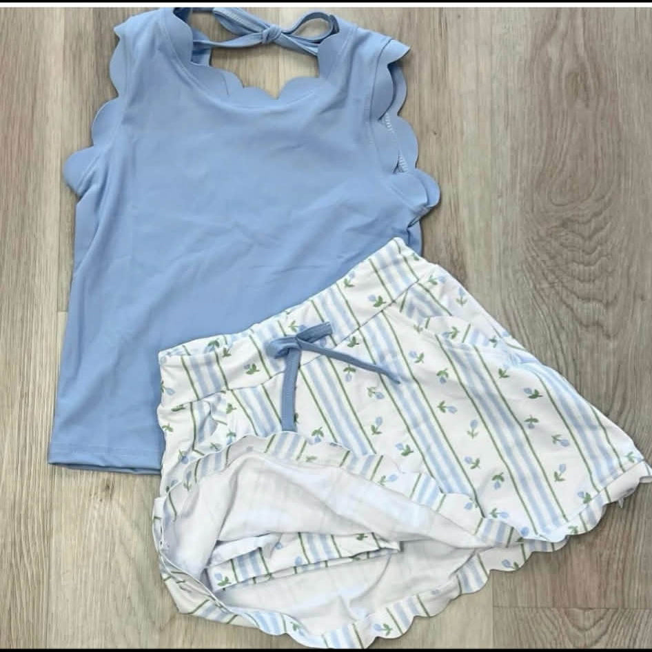preorder GSD3915 Blue Scallop Sleeve Skorts Girls Set