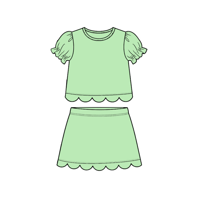 preorder GSD3929 Solid Color Mint Green Scallop Short Sleeve Skorts Girls Set
