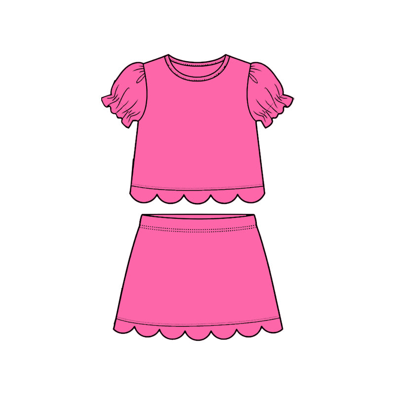preorder GSD3930 Solid Color Hot Pink Scallop Short Sleeve Skorts Girls Set