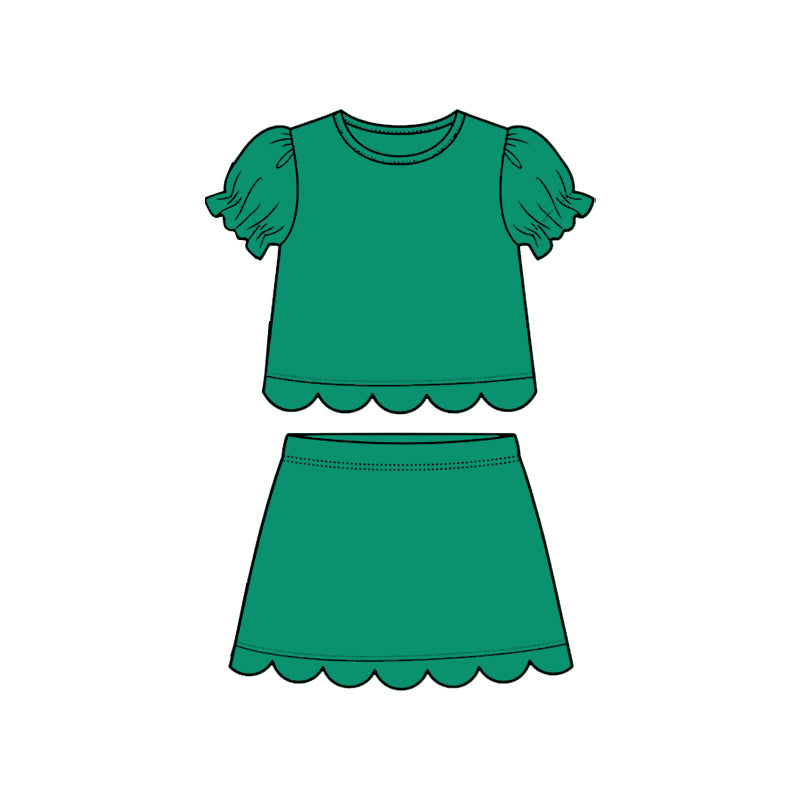 preorder GSD3931 Solid Color Green Scallop Short Sleeve Skorts Girls Set