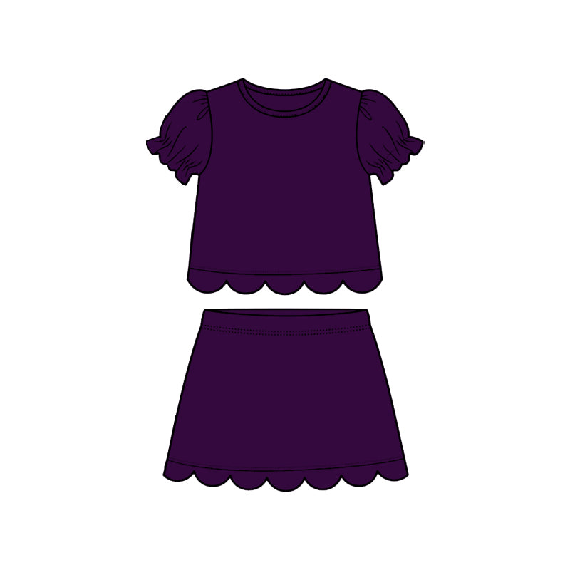 preorder GSD3932 Solid Color Purple Scallop Short Sleeve Skorts Girls Set