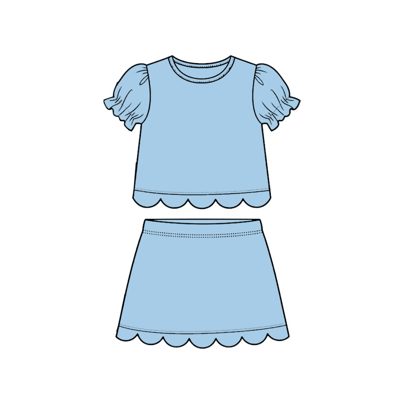 preorder GSD3933 Solid Color Blue Scallop Short Sleeve Skorts Girls Set