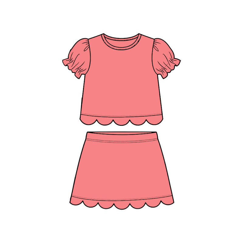 preorder GSD3935 Solid Color Pink Scallop Short Sleeve Skorts Girls Set