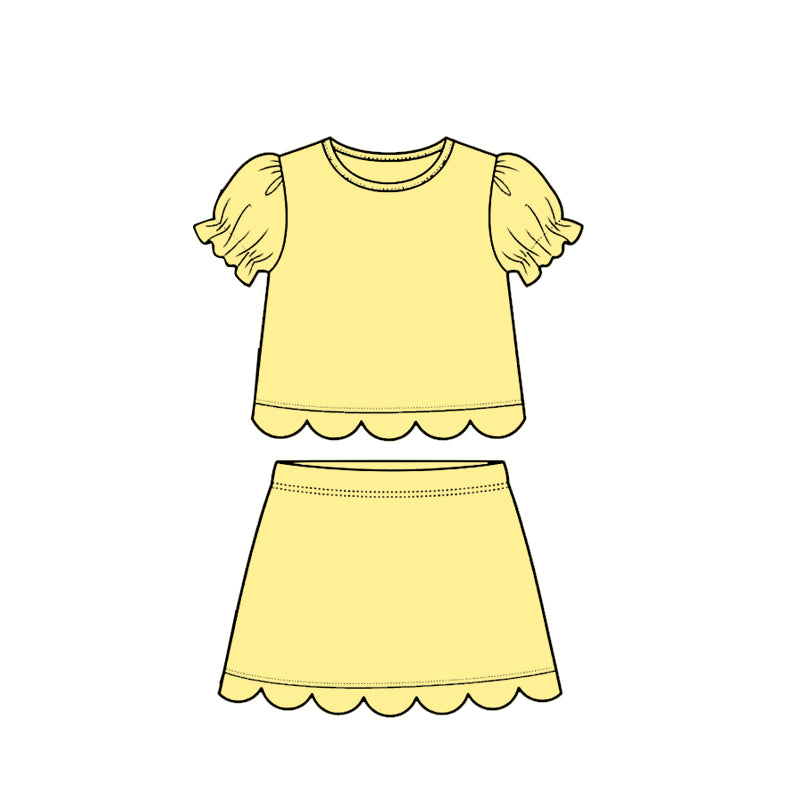 preorder GSD3936 Solid Color Yellow Scallop Short Sleeve Skorts Girls Set