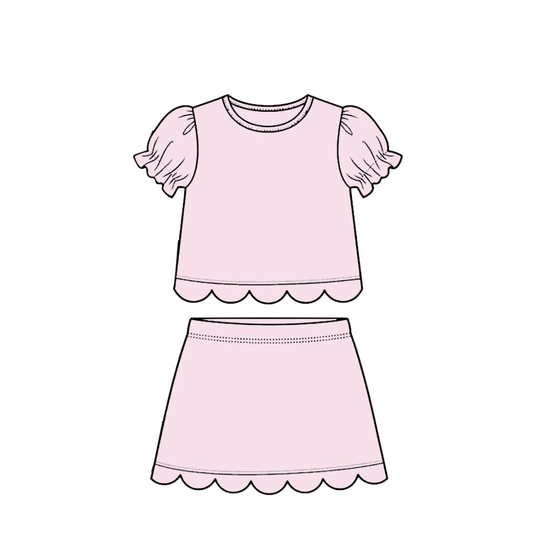 preorder GSD3940 Solid Color Light Pink Scallop Short Sleeve Skorts Girls Set