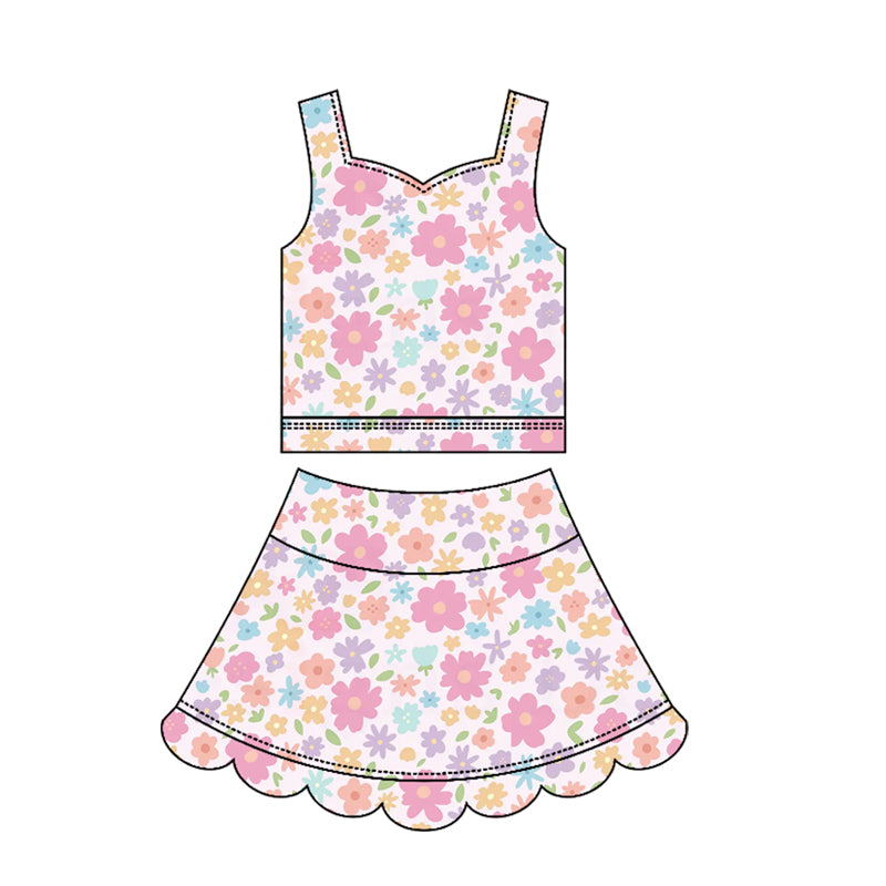 Preorder GSD3950 Yoga Pink Flowers Sleeveless Skorts Girls Set