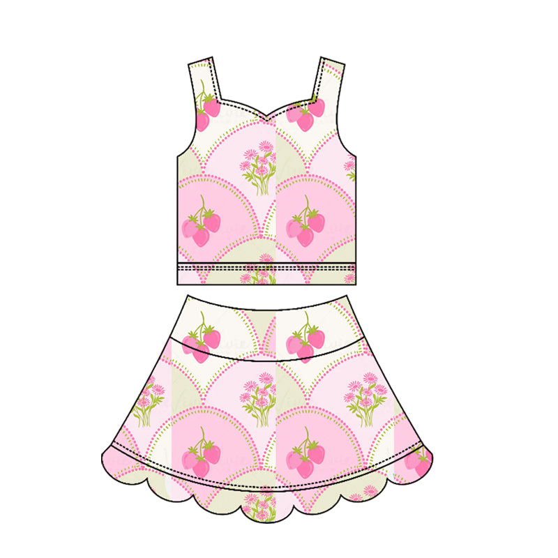 Preorder GSD3952 Yoga Pink Strawberry Flowers Sleeveless Skorts Girls Set