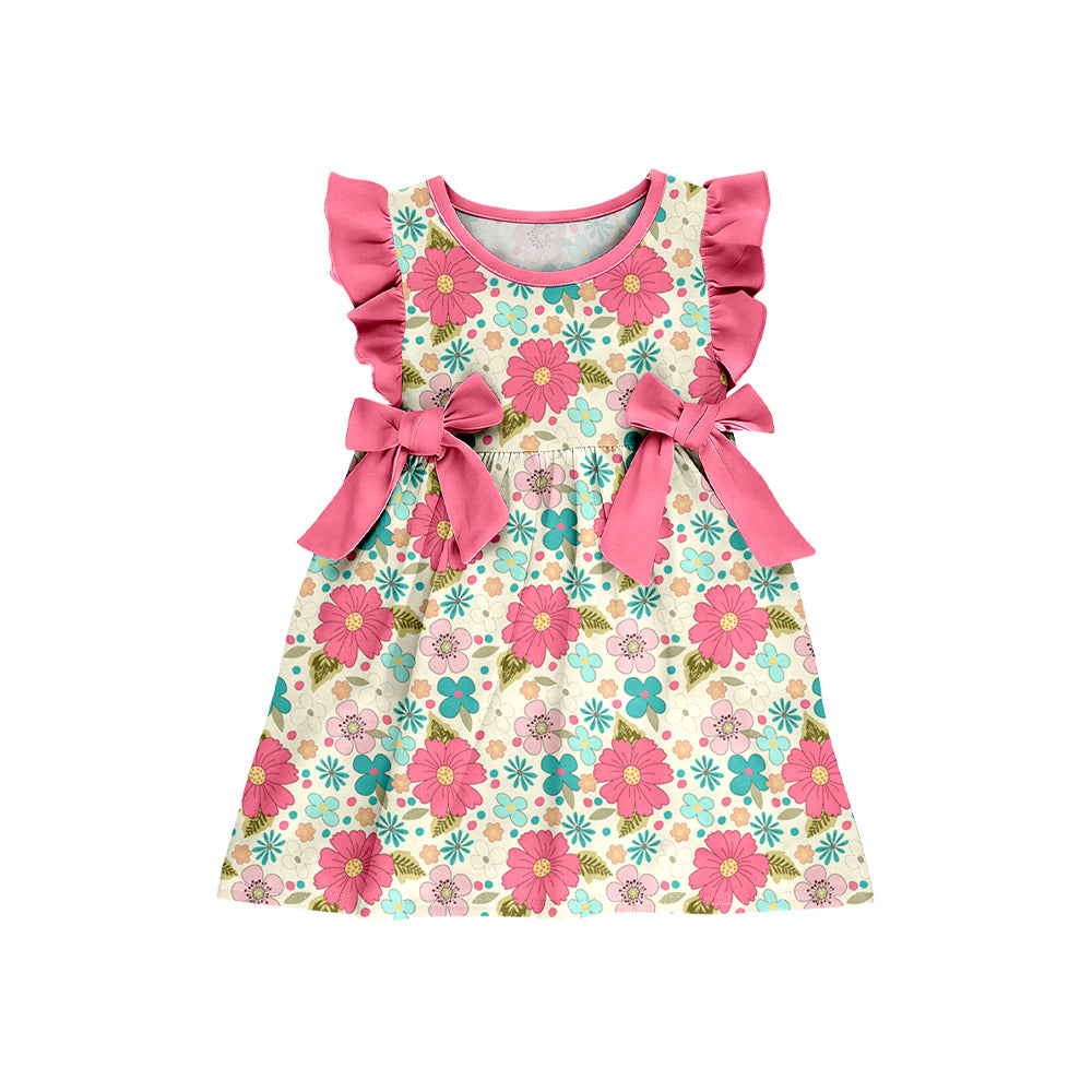 preorder GSD3953 Pink Flowers Bows Flutter Sleeve Girls Dress