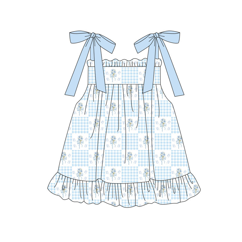 preorder GSD3956 Blue Flowers Bows Sleeveless Girls Dress