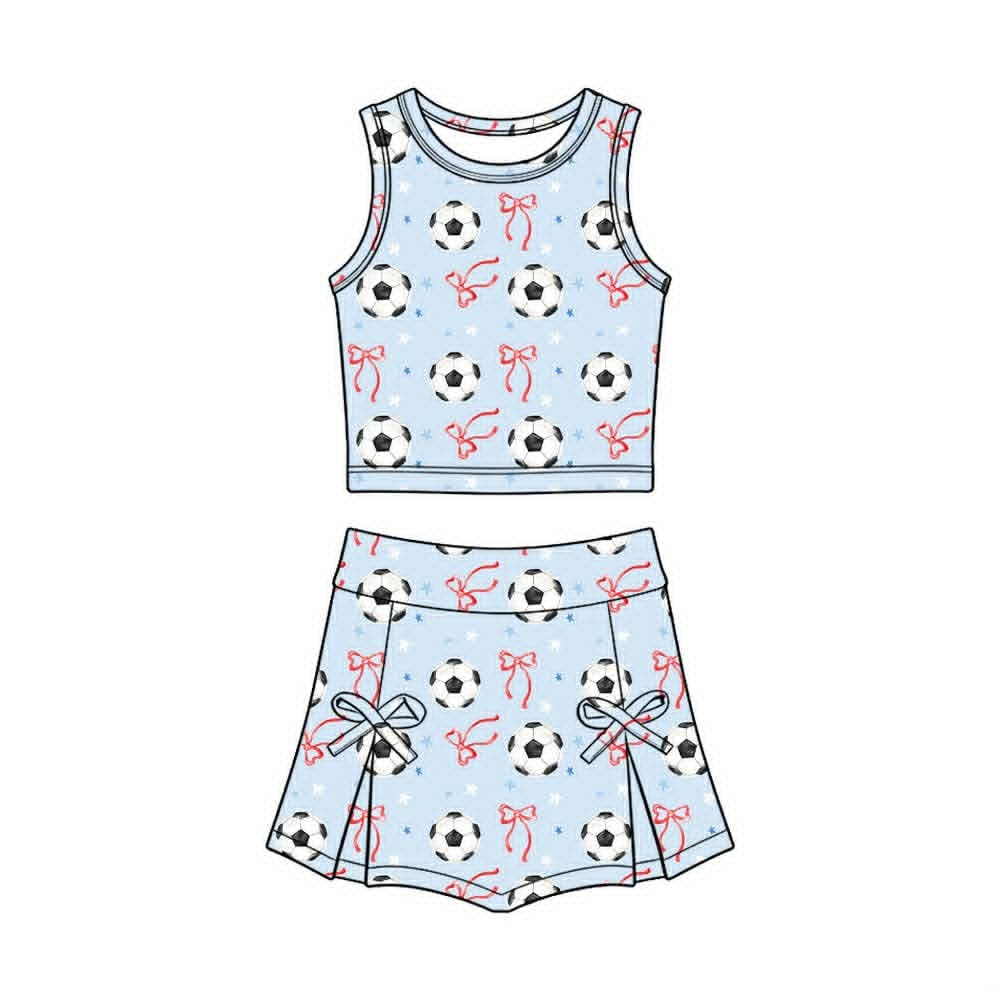 preorder GSD407 Yoga Soccer Bows Blue Sleeveless Skorts Girls Set