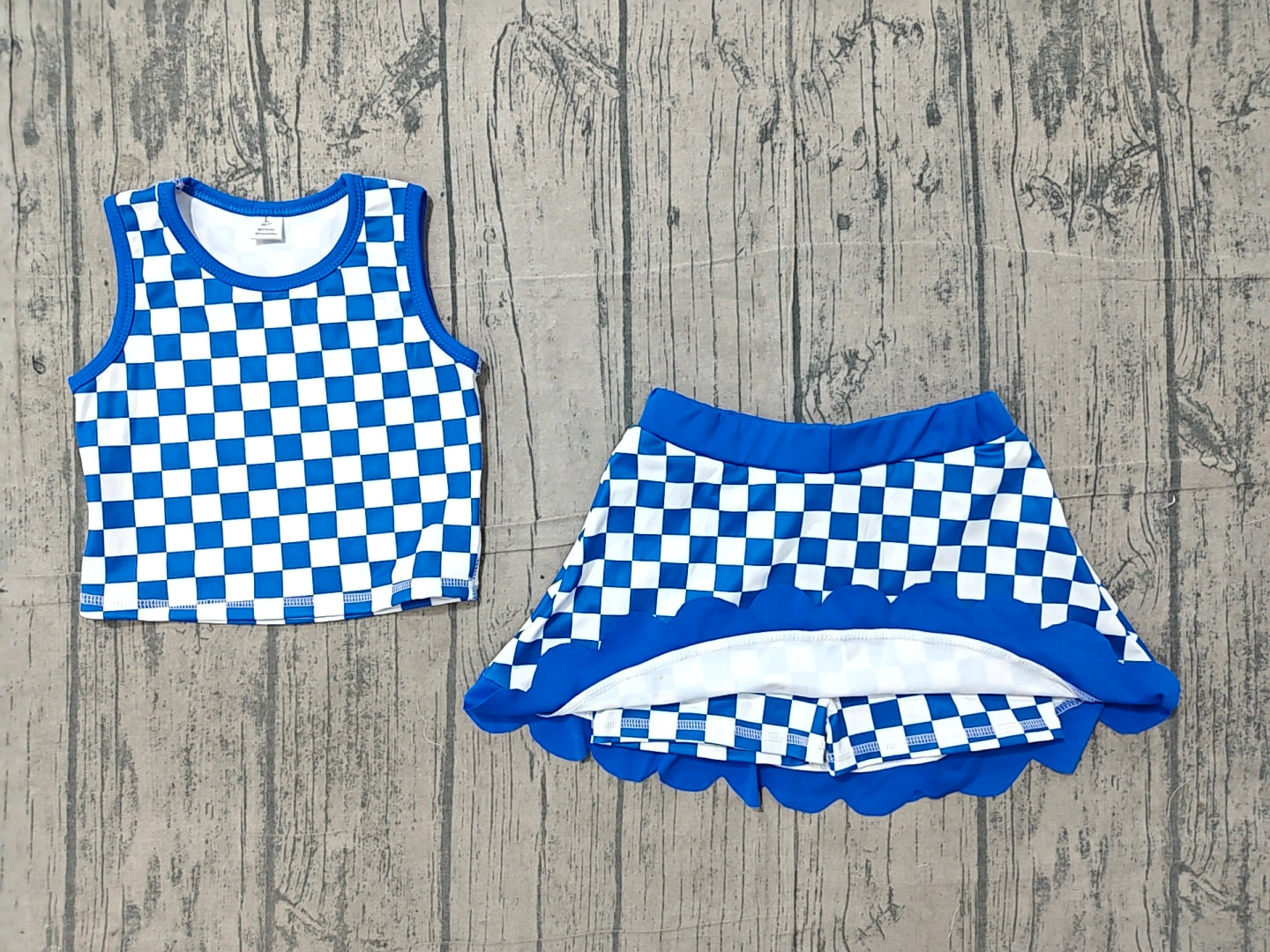 preorder Samples GSD4110 Yoga Blue Checkered Sleeveless Skort Skirt Girls Set