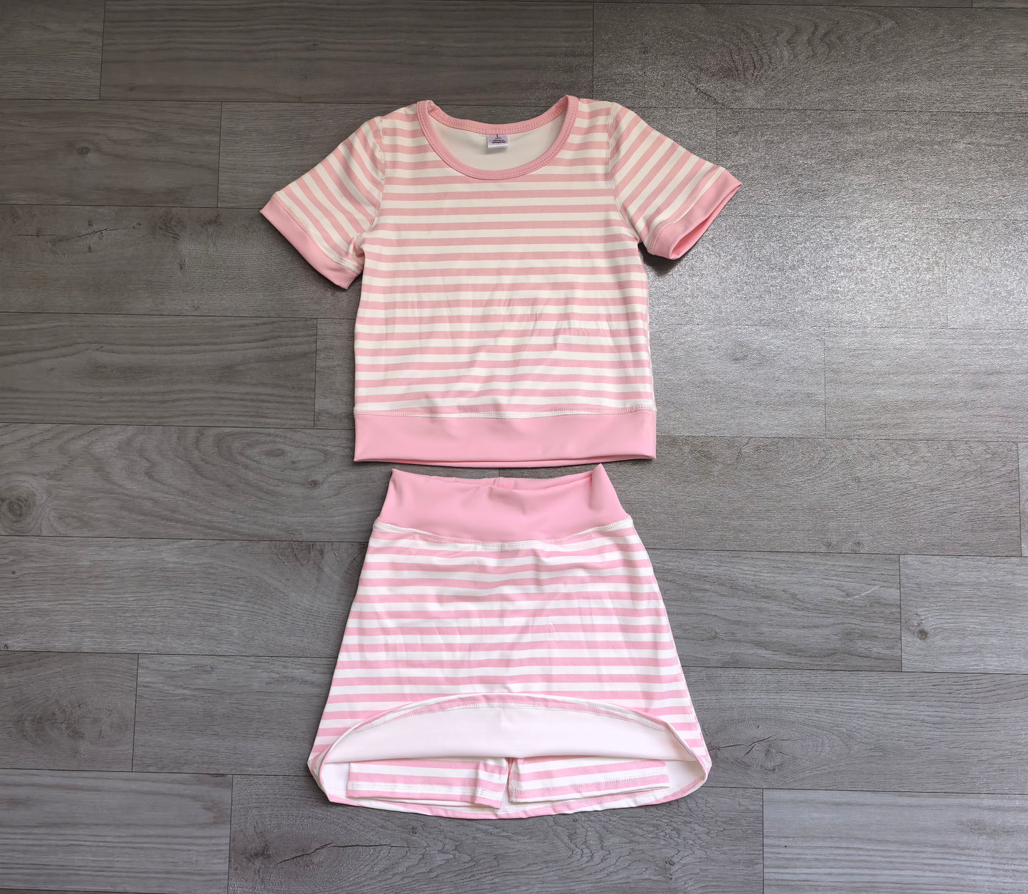 preorder Samples GSD4159 Yoga Pink Striped Short Sleeve Skorts Girls Set