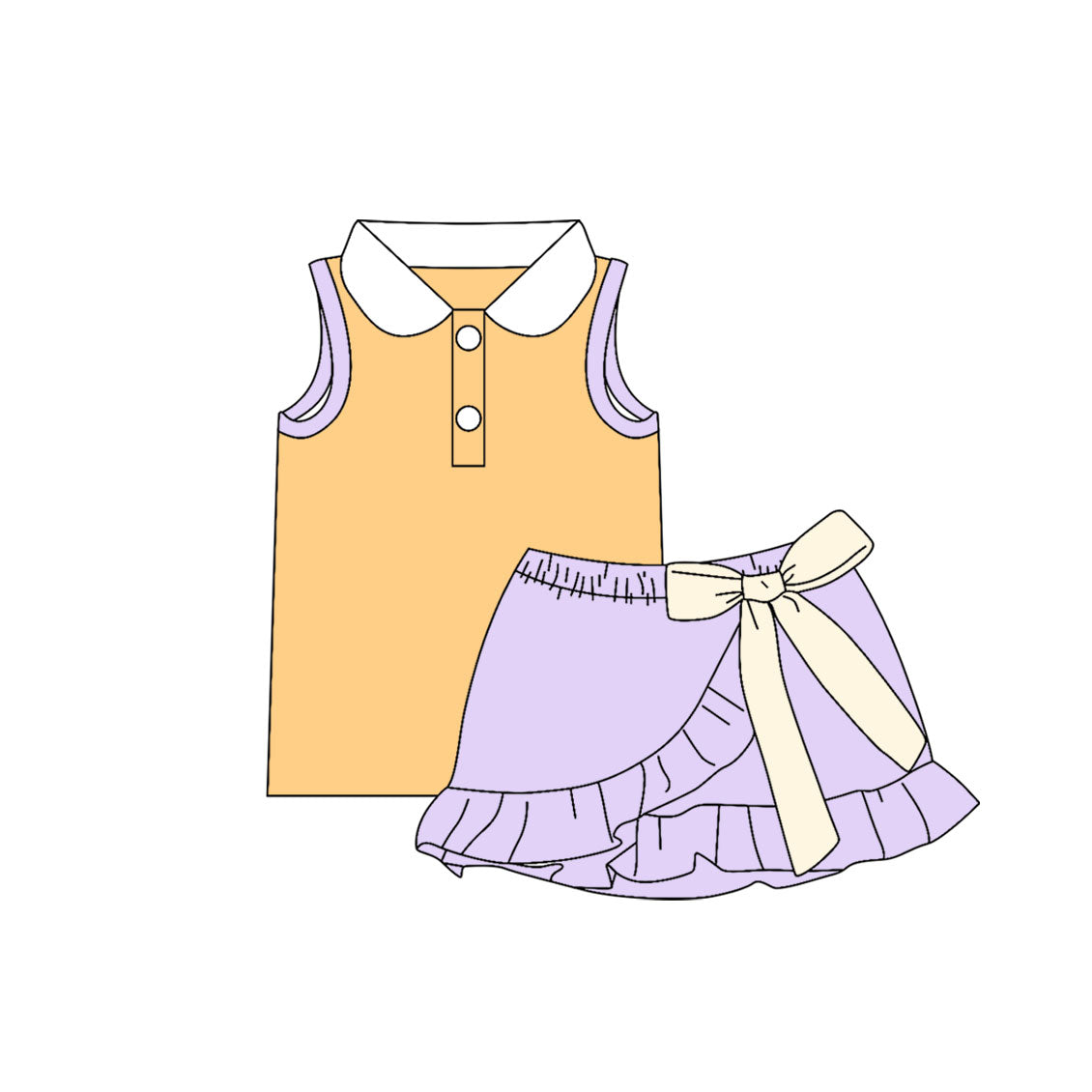 preorder GSD4222 Yellow Sleeveless Light Purple Bow Skorts Girls Set