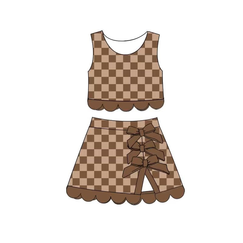 preorder GSD4235 Yoga Khaki Checkered Sleeveless Bows Skorts Girls Set