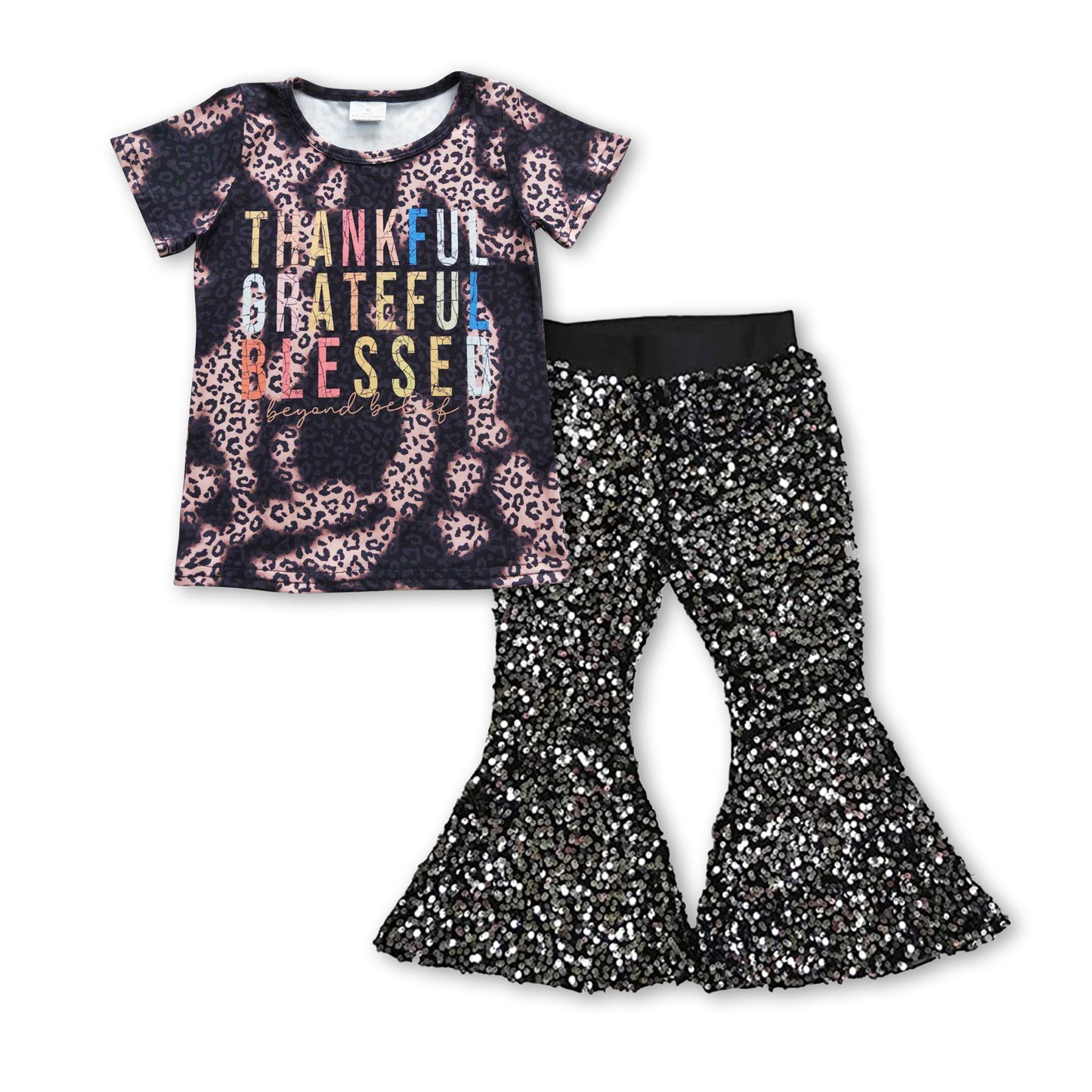 GSPO0706 Thankful Leopard Top Black Sequin Bell Pants Girls Set