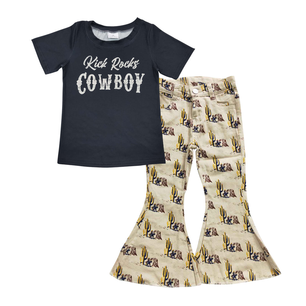 GSPO0736 Cowboy Black Short Sleeves Horse Riding Yellow Pants Girls Clothes