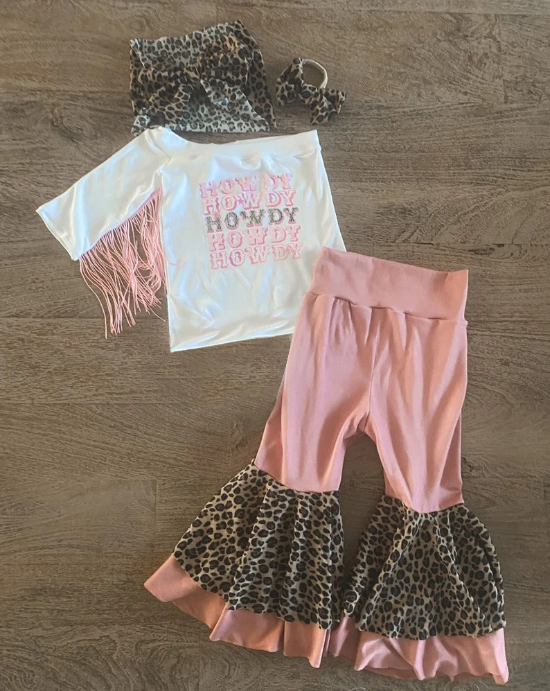 preorder GSPO0784 Howdy Pink Tassels One-sleeve Leopard Pants Girls Set Kids Clothes