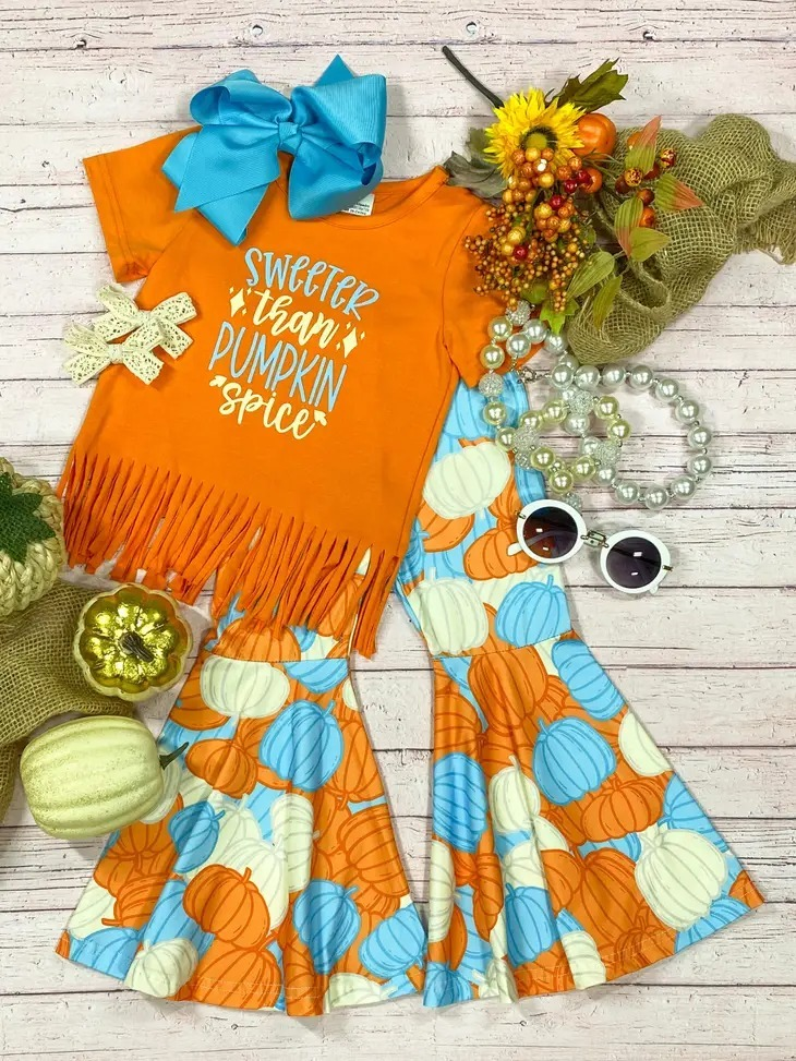 preorder GSPO0835 Pumpkin orange tassels short sleeve pants girls set