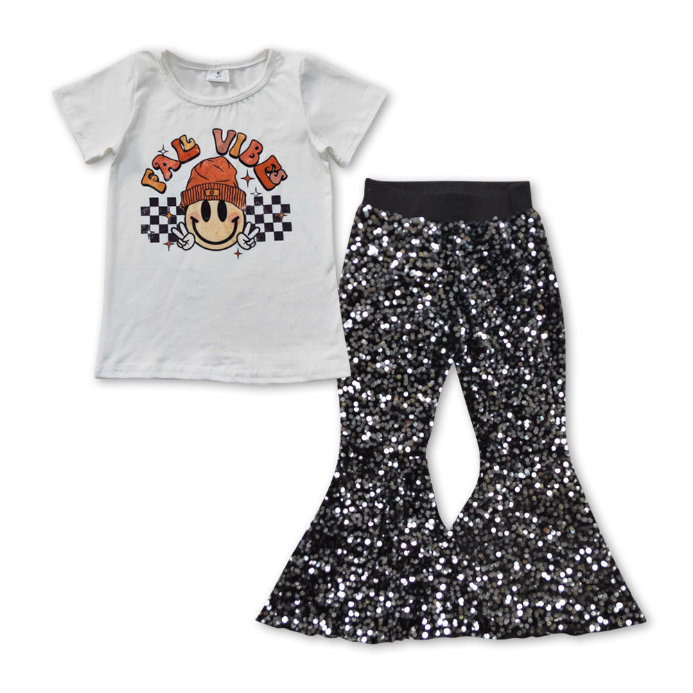 GSPO0847 Fall vibes smile short sleeve black sequin pants girls set