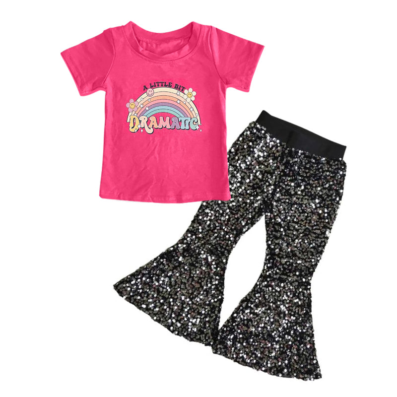 preorder GSPO0863 Dramatic rainbow hot pink short sleeve black sequin pants girls set